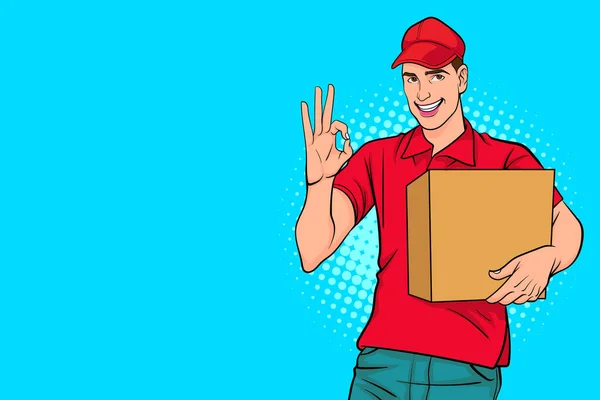 送货员头戴红帽 有一个大盒子 展示复古流行艺术漫画风格的好姿势 — 图库矢量图片
