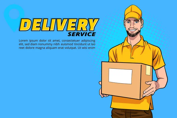 Delivery Man Employee Big Box Retro Vintage Pop Art Comic — Stock Vector