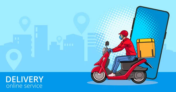Servizio Consegna Scooter Con Corriere Consegna Veloce Uomo Con Moto — Vettoriale Stock
