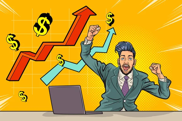 Pop Art Comics Erfolgreicher Glücklicher Geschäftsmann Feiert Falling Money Business — Stockvektor