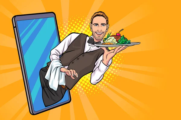 Lächelnde Kellnerin Mit Tablett Auf Handybildschirm Online Essenslieferung Vom Restaurant — Stockvektor