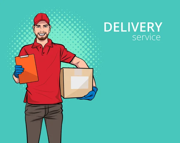 Servizio Dipendenti Red Delivery Uomo Con Una Grande Scatola Pop — Vettoriale Stock