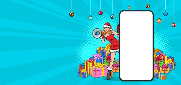 Santa Girl Guckt Von Hinten Handy Mit Megafon Retro Vintage — Stockvektor