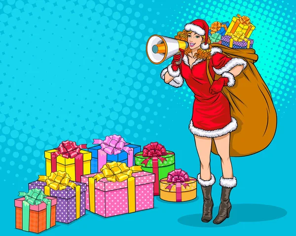 Sexy Santa Mulher Segurando Megafone Transportar Saco Presente Espaço Vazio — Vetor de Stock