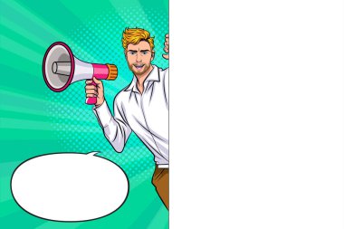 Adam elinde bir megafon ya da hoparlör tutuyordu ve boş beyaz tahtayı gösteriyordu. Adam ya reklamını yapar ya da ürününü sunar. Pop sanat retro mizah tarzını duyuruyorum.
