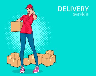 Kırmızı şapkalı teslimatçı kadın sipariş kutuları veriyor. Retro Vintage Pop Art Comic Style 'da baş parmağını gösteriyor.