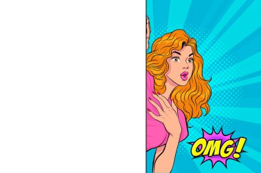 Sürpriz kadın beyaz panonun arkasına bakıyor. OMG Pop Art Comic Style diyor.