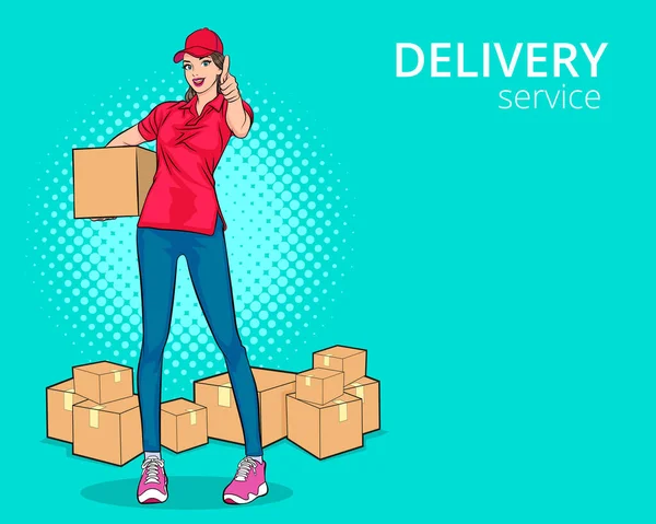 Delivery Woman Red Cap Giving Order Boxes Show Thumb Retro — Stock Vector