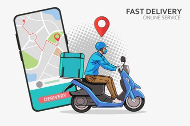Mobiletle hızlı teslimat servisi kurye ile Hızlı teslimatçı motosikletli Pop Art Comic Style