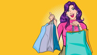 Alışveriş torbaları tutan mutlu güzel kadın Pop Art Comic Style