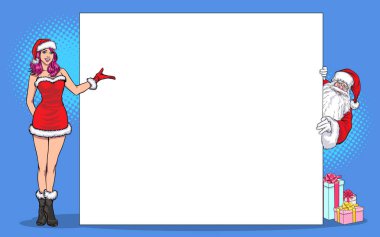 Noel Baba 'ya ve Noel Baba' ya bakan Beyaz Tahta Pop Sanat Çizgi Romanları Tarzı