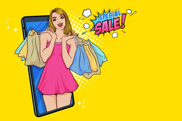 Feminino Segurando Saco Compras Sentindo Feliz Loja Online Promoção Desconto — Vetor de Stock