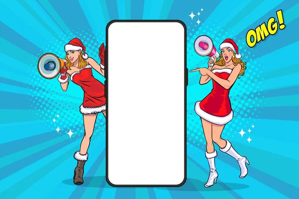 Santa Meninas Segurar Megafone Anunciar Grande Smartphone Pop Art Comic — Vetor de Stock
