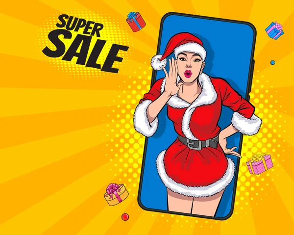 Santa Mulher Gritando Com Mão Torno Boca Grande Smartphone Pop — Vetor de Stock
