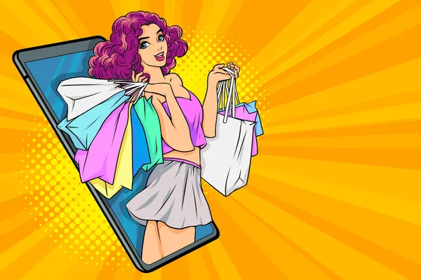 ショッピングバッグを持つ女性 オンラインストアコンセプトPop Art Comic Style — ストックベクタ
