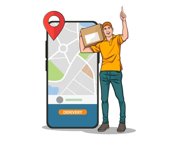Delivery Courier Man Holding Parcel Box Mobile Phone Navigator Pop Stock Illustration