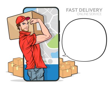 Cep telefonundan hızlı teslimat servisi. Pop Art Comic Style konseptini yapabiliriz.
