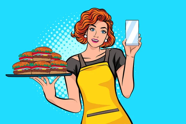 女商人在网上订购食物流行艺术漫画风格 — 图库矢量图片