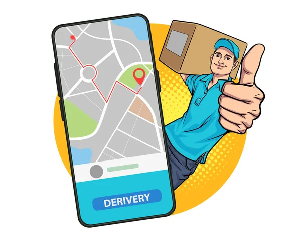 Delivery Man Employee Carrying Big Box Thump Out Smartphone Pop — Stock Vector