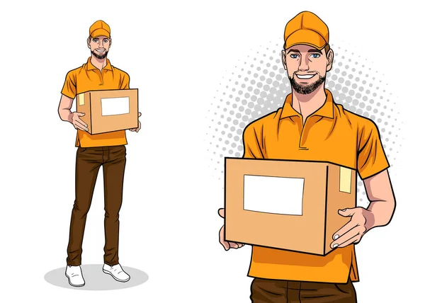 Delivery Man Employee Big Box Retro Vintage Pop Art Comic — Stock Vector