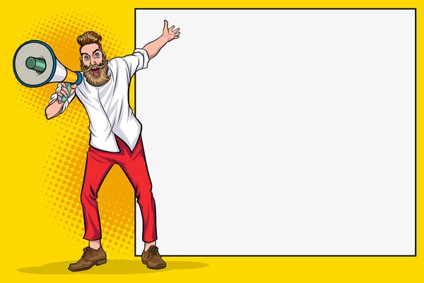 Hipster Man Megafon Pustą Przestrzenią Baner Pop Art Comic Style — Wektor stockowy