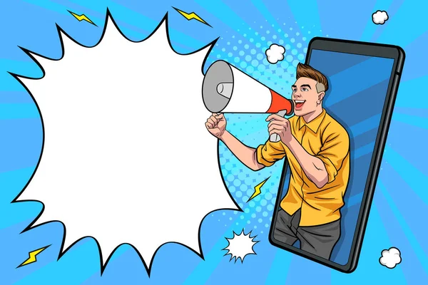 Jeune Homme Beau Cri Utilisant Mégaphone Sur Smartphone Pop Art — Image vectorielle