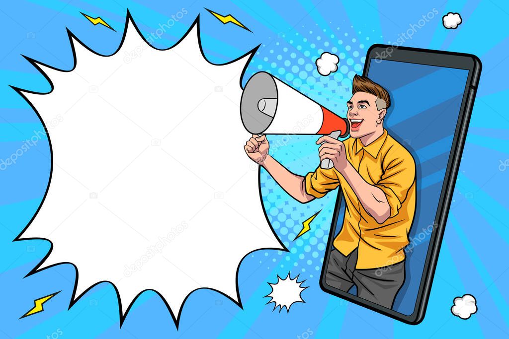 young man handsome shouting using megaphone out from smartphone  pop art retro comic style.