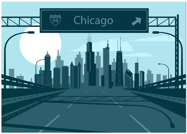 Línea del horizonte de Chicago con señal de autopista — Vector de stock