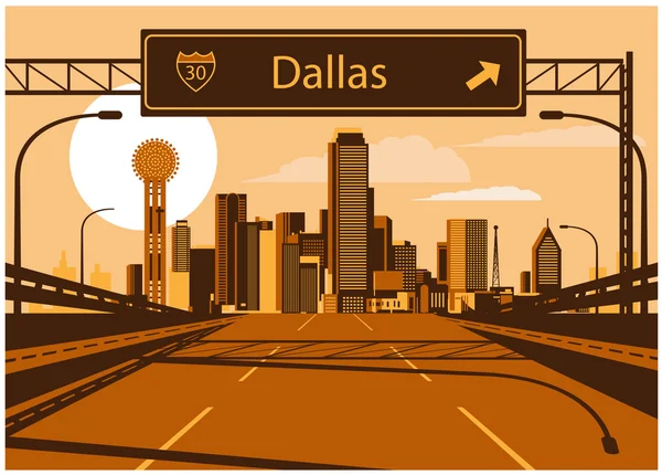 Dallas skyline met freeway teken — Stockvector