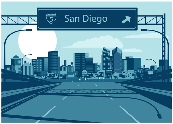 San Diego skyline med freeway skylt — Stock vektor