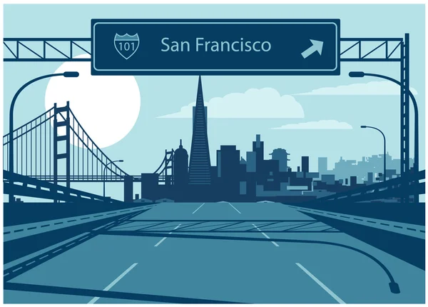 旧金山的天际线，与高速公路标志 — 图库矢量图片