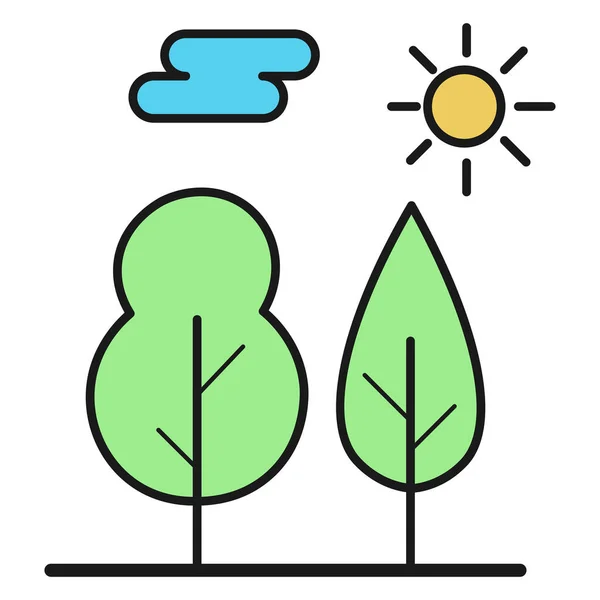 Icono Ecológico Paisaje Con Árboles Sol Aislado Sobre Fondo Blanco — Vector de stock