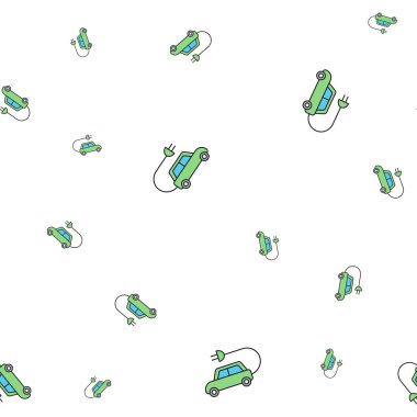 Ekolojik ikonların kusursuz deseni. Elektrikli araba. Beyaz arka planda izole edilmiş. Vektör illüstrasyonu.