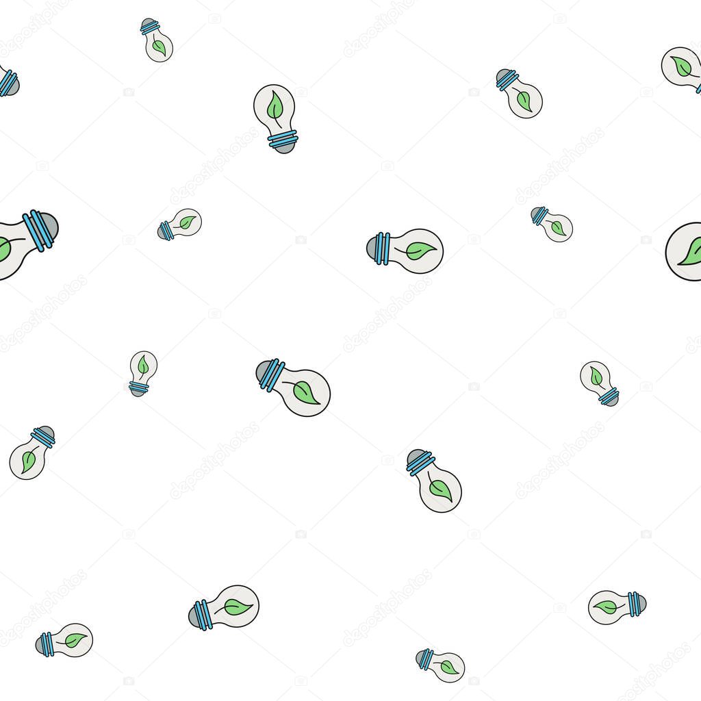 Seamless pattern of ecological icons. Light bulb with a leaf. Isolated on white background. Vector illustration.