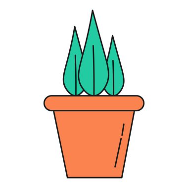 Çiçek saksısı ve ev bitkisi. Bitkilerle birlikte ekolojik ikonlar. Beyaz arka planda izole edilmiş. Vektör çizimi. Renkli resim.