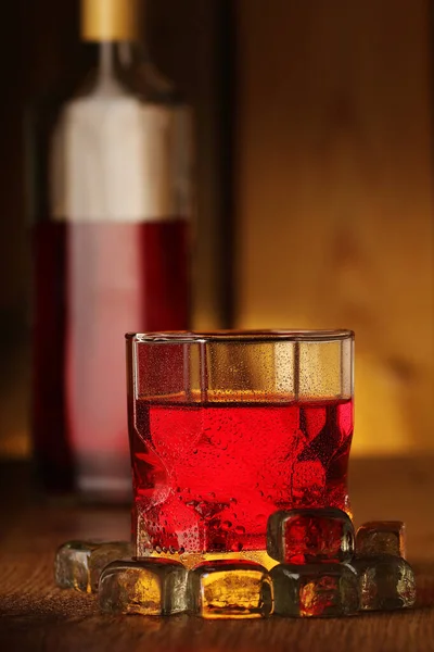 Glass Drinks Red Vodka Background Bottle Wood — Foto de Stock