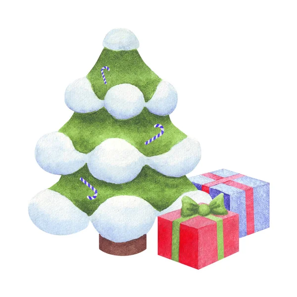 Árbol de Navidad con regalos, regalos. Ilustración en acuarela aislada sobre fondo blanco — Foto de Stock