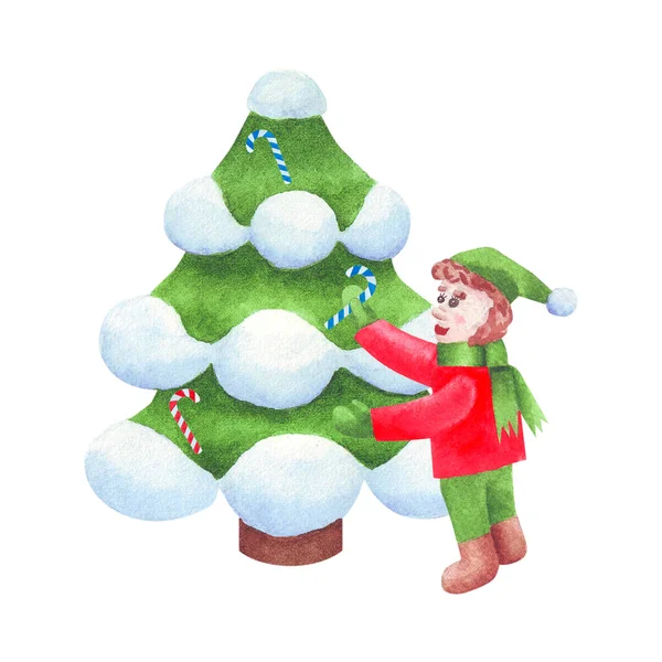 Little Gnome decora el árbol de Navidad con piruletas —  Fotos de Stock