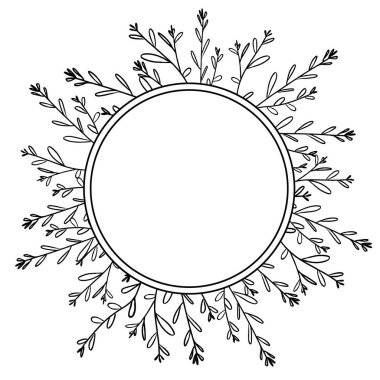 Yuvarlak çerçeve dalı, beyaz arka planda vektör çizgisi olan Floral illüstrasyonu. İzole vektör çizimi. Vektör çizimi. Dekoratif sembol. Zarif soyut arkaplan