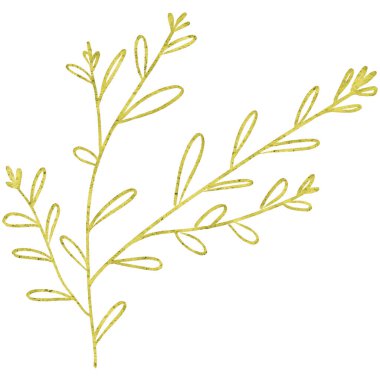 Yaprakları olan altın yayılmış bir dal. Son moda karalama yeşili çizimi. Çizgi çizimi tarzı. Parlak dekorasyon. Doğa çizimi. Kış mevsimi. İzole Doğa Grafiği