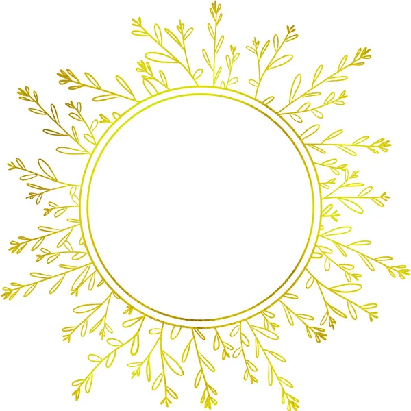 Gold Round frame branch with leaves line art Floral illustration on white background. Isolated illustration. drawing. Elegant abstract background