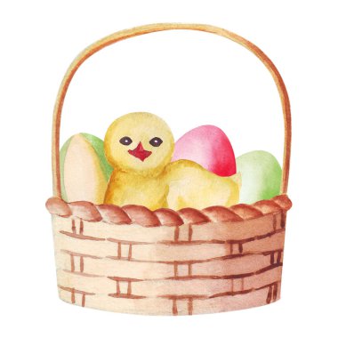 Çoklu renkli paskalya yumurtaları ve beyaz arka planda küçük çengelli suluboya hasır sepeti. Boşluk. Beyaz arkaplan. Kumaş kağıdı. Ev dekoru. Mutlu Paskalyalar