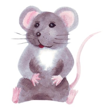 Çizgi film tarzında suluboya gri fare beyaz arkaplanda izole edilmiş. Sanat öğesi. Suluboya resim. Beyaz renk arkaplanı