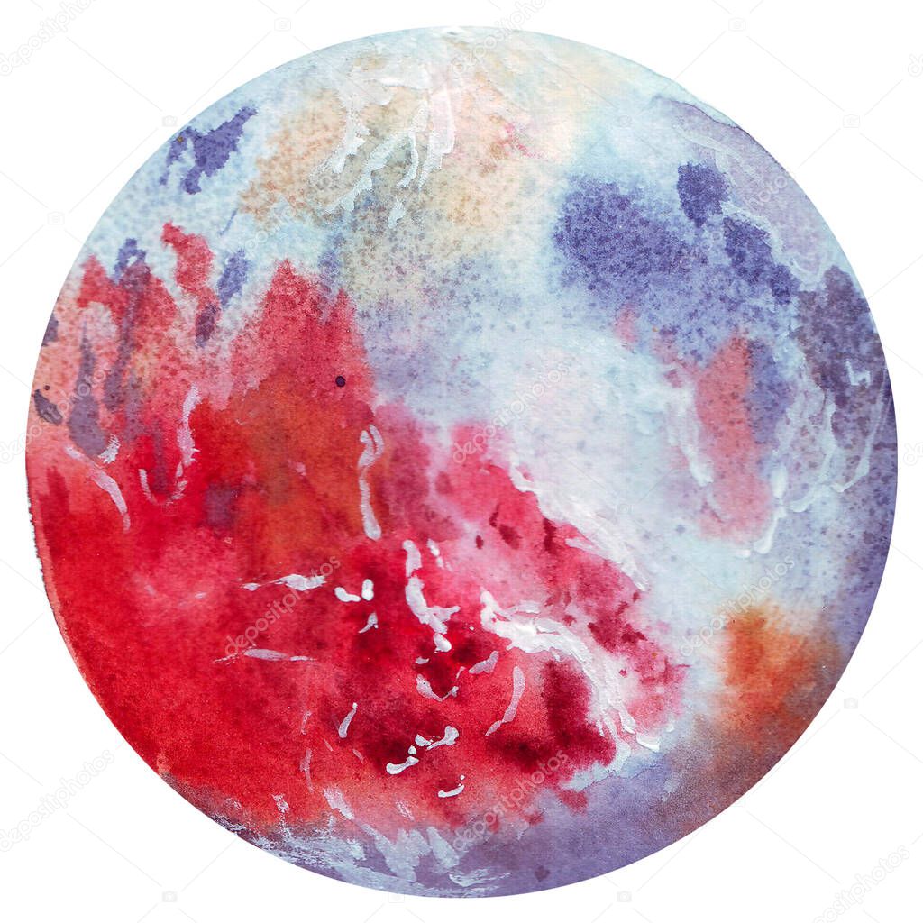 Pluto. Watercolor planet of solar system for print design. Art element. Isolated on white background.