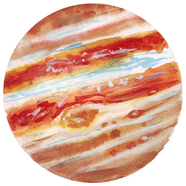 Jupiter. Aquarel planeet van het zonnestelsel voor print design. Kunst element. Geïsoleerd op witte achtergrond. — Stockfoto