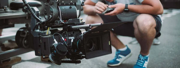 Pellicola Professionale Videocamera Sul Set Turno Tiro Equipaggiamento Gruppo Tecnica — Foto Stock