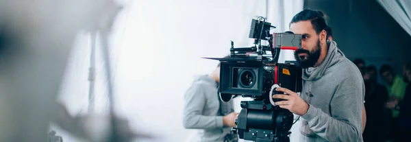 Director Photography Camera His Hands Set Professional Videographer Work Filming — Stock Photo, Image