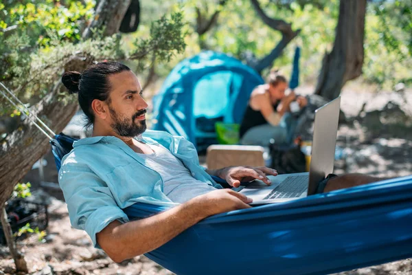 Man Works Laptop While Lying Hammock Young Handsome Freelance Guy — Stock Photo, Image