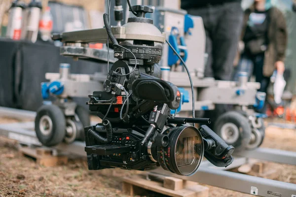 Película Profesional Cámara Vídeo Set Turno Tiro Equipo Grupo Técnica — Foto de Stock