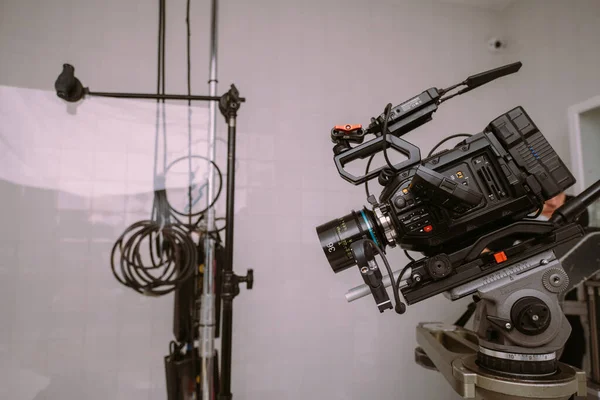 Professzionális Film Videó Kamera Forgatáson Lövöldözés Felszerelés Csoport Modern Fotózás — Stock Fotó